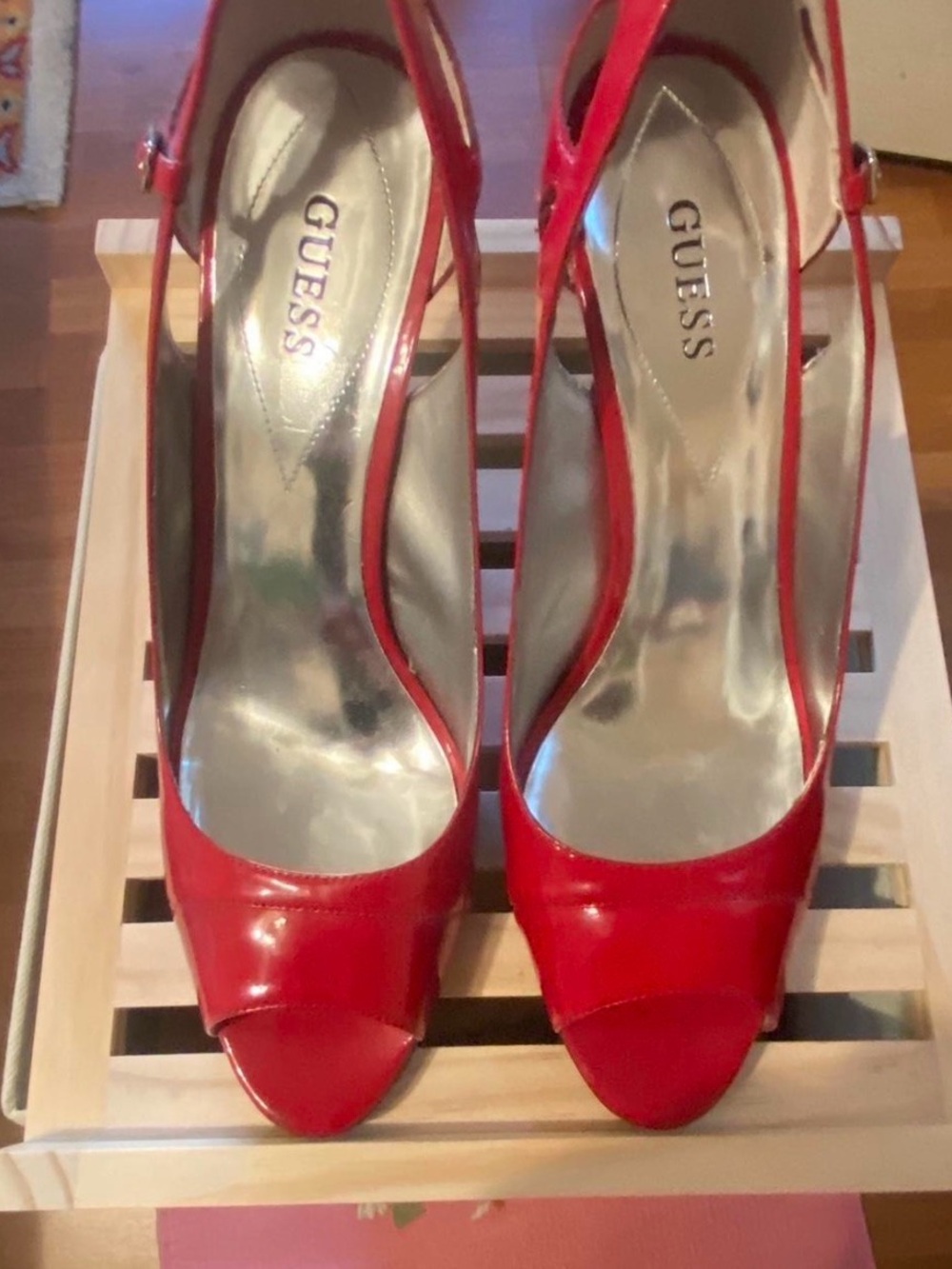 Guess Red Peep-Toe Slingback Heels